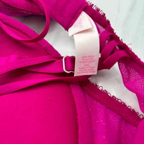 Victoria’s Secret Very Sexy Push Up Bra 34C Metallic Fuchsia Pink Lace Underwire - Picture 8 of 13